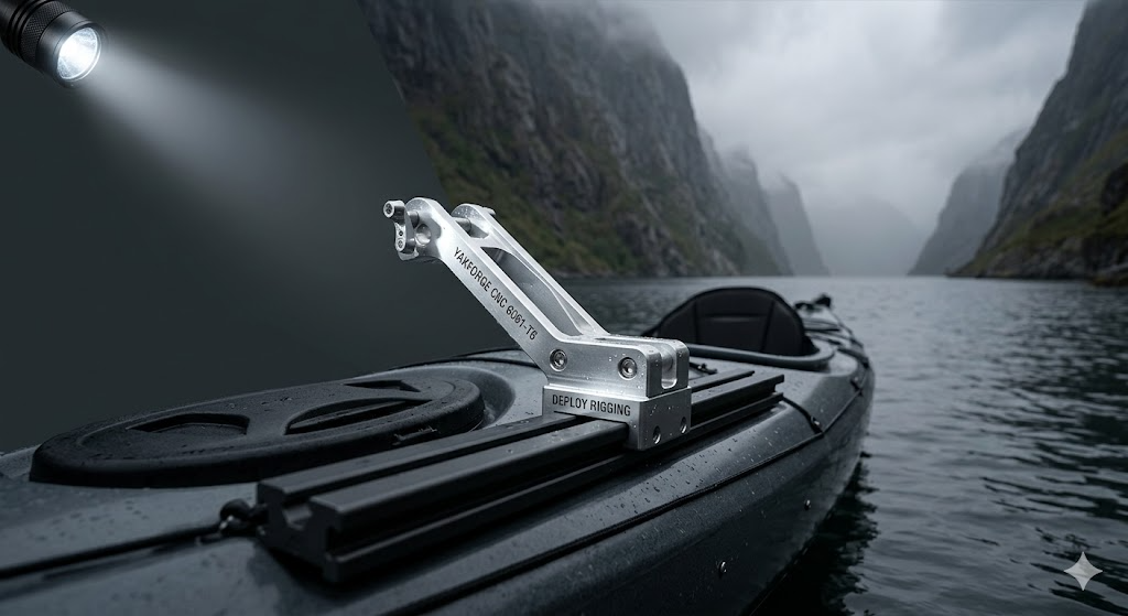 Close up of YakForge aviation-grade aluminum fish finder mount on a Hobie H-Rail with no holes drilled