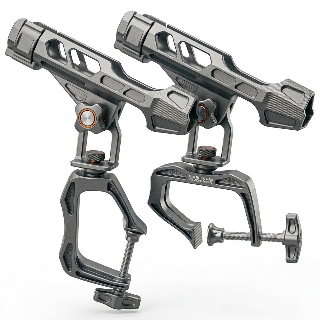 Heavy-duty CNC machined 6061 aluminum sonar fish finder mount clamped to a Hobie H-Rail, tactical gunmetal gray finish