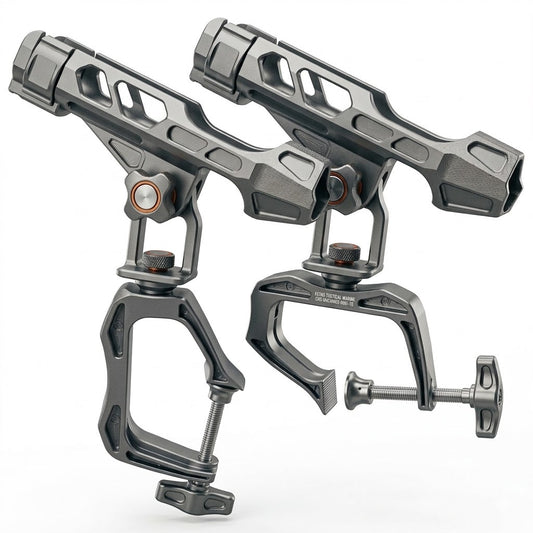 Heavy-duty CNC machined 6061 aluminum sonar fish finder mount clamped to a Hobie H-Rail, tactical gunmetal gray finish